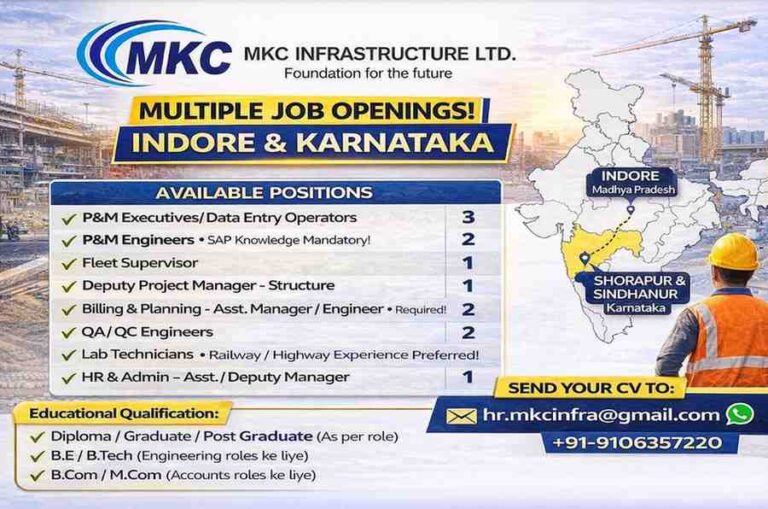 MKC Infrastructure Ltd Recruitment 2026 | Railway & Infrastructure Jobs | Engineers, QA/QC, Billing, Accounts Hiring