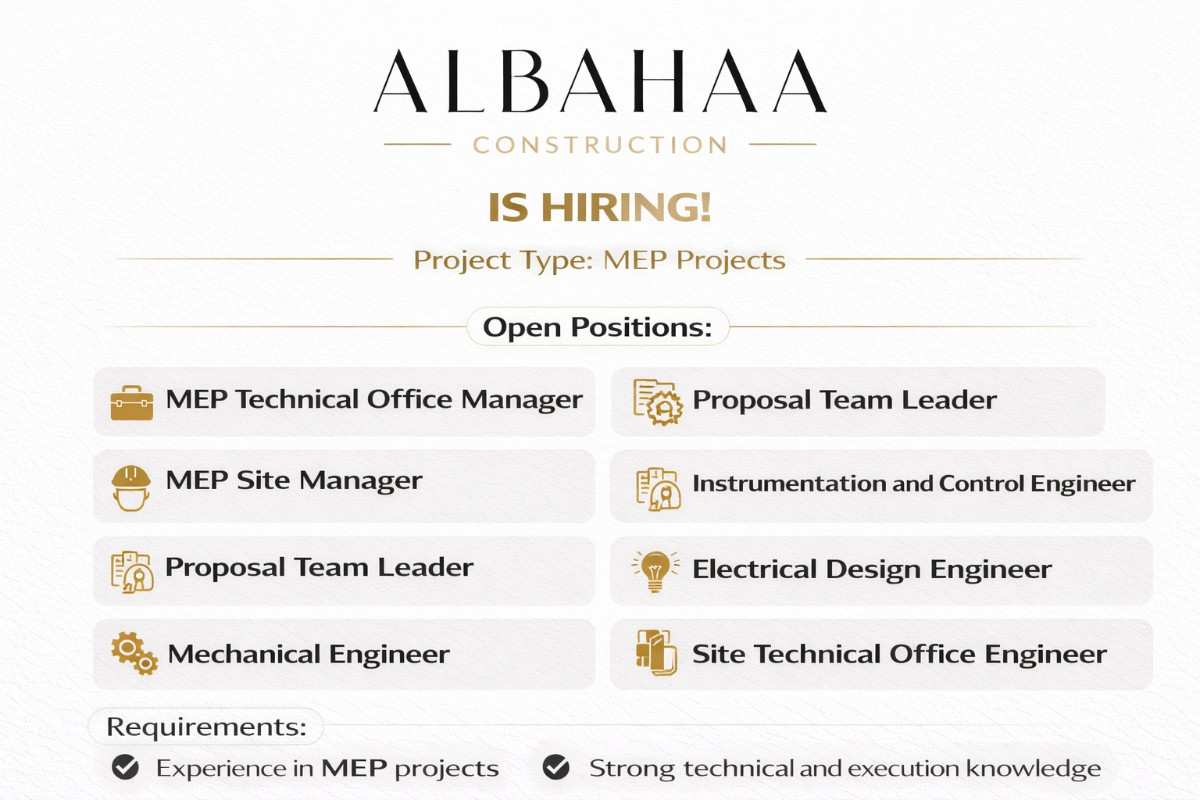 Albahaa Construction Hiring 2026 | MEP Manager, Electrical Design, Mechanical Engineer Jobs | MEP Projects Vacancy
