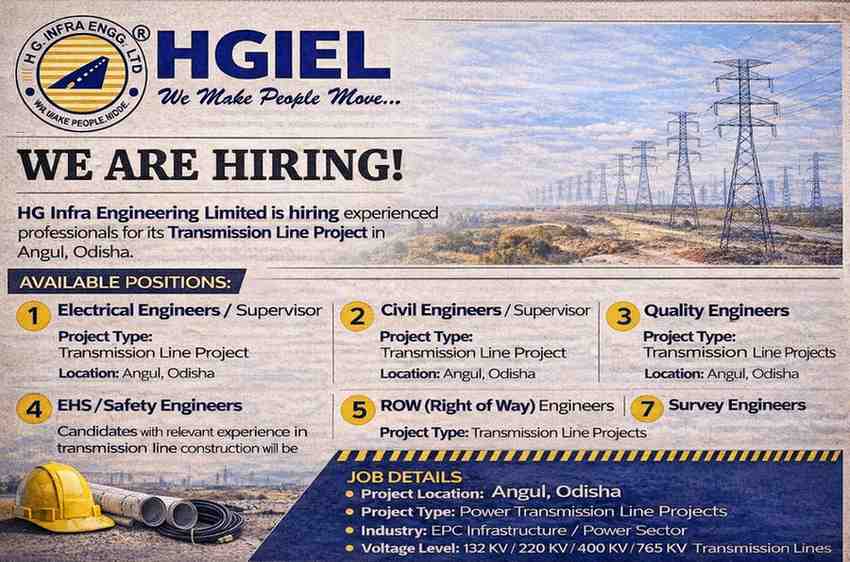 HG Infra Engineering Limited Hiring for Transmission Line Projects | Jobs in Angul Odisha 2026