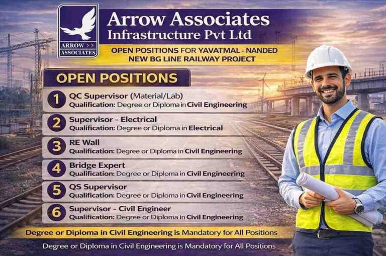 Arrow Associates Infrastructure Pvt. Ltd. is inviting applications from experienced professionals for the Yavatmal – Nanded New Broad Gauge (BG) Railway Line Project. We are looking for skilled candidates with Railway, Road, and Infrastructure Project experience who can contribute to the successful execution of this important railway infrastructure development.