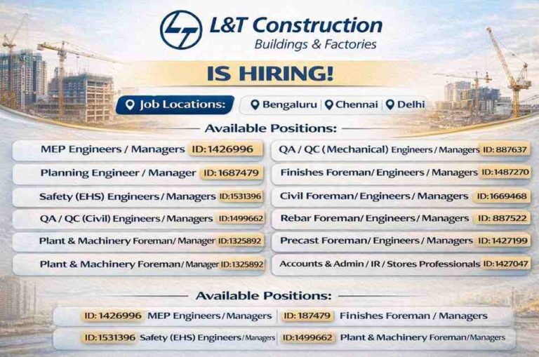 L&T Construction Hiring 2026 | MEP, Civil, QA QC, Safety, Planning Engineer Jobs | Bangalore Chennai Hyderabad Delhi Vacancy
