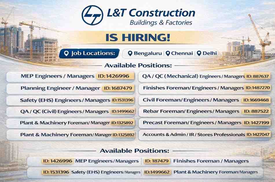L&T Construction Hiring 2026 | MEP, Civil, QA QC, Safety, Planning Engineer Jobs | Bangalore Chennai Hyderabad Delhi Vacancy