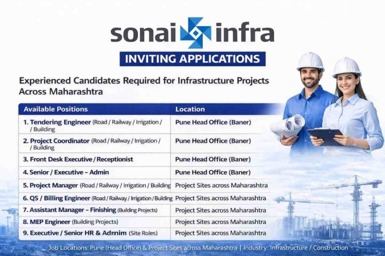 Sonai Infrastructure Pvt Ltd Vacancy 2026 | For Road, Railway, Irrigation, and Building Projects
