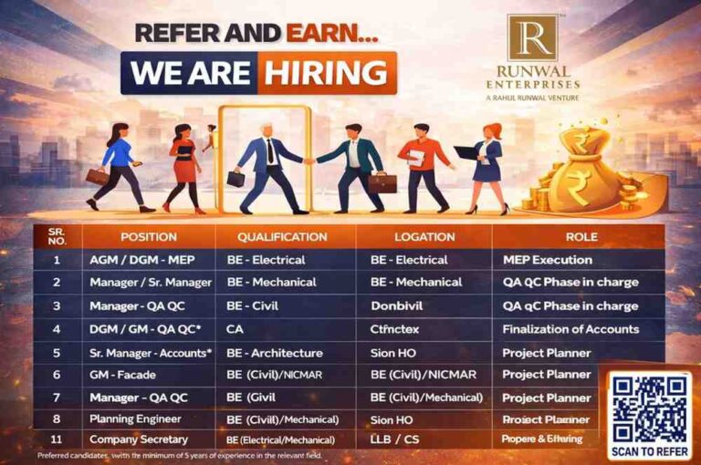 Runwal Enterprises Hiring 2026 Mumbai | MEP, QA QC, Civil Engineer, Architect, Accounts Jobs