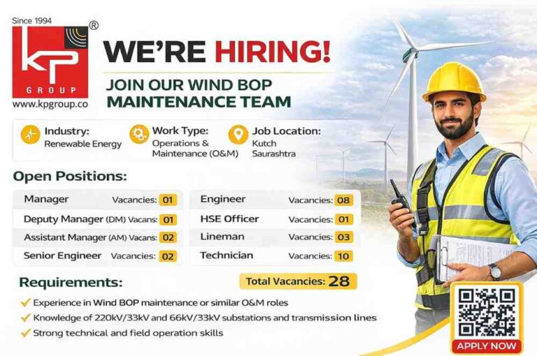 KP Group Hiring Wind BOP Maintenance Team 2026 | Engineer, Technician, HSE Jobs in Kutch Saurashtra