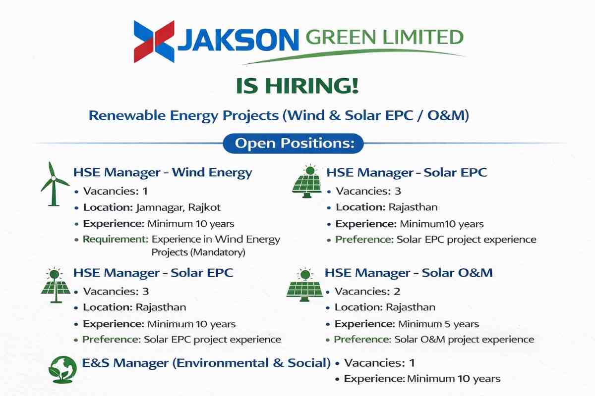 Jakson Green Hiring 2026 | HSE Manager Wind Solar EPC O&M Jobs | E&S Manager Vacancy Rajasthan Gujarat