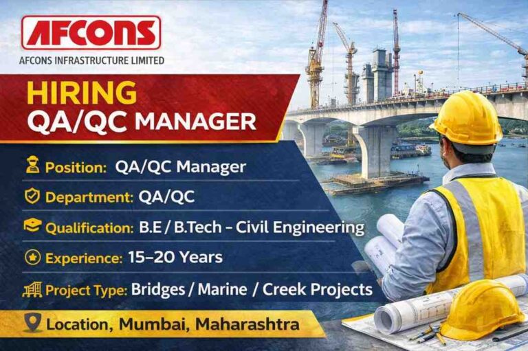 AFCONS Infrastructure Limited – Hiring for QA/QC Manager | for its infrastructure projects in Mumbai, Maharashtra.