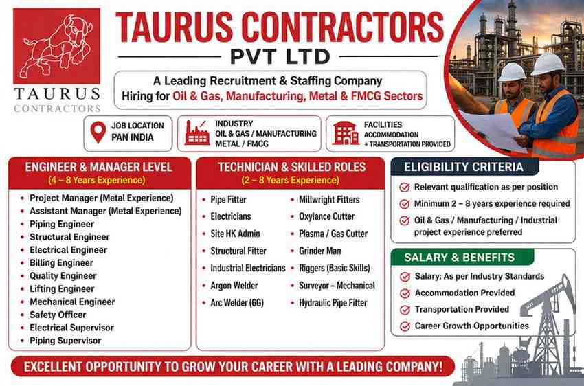 Taurus Contractors Pvt Ltd Hiring 2026 | Oil & Gas, Manufacturing Jobs | Apply Online PAN India