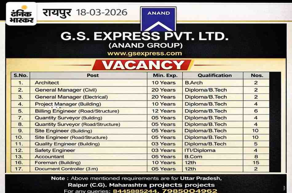 G.S. Express Pvt Ltd (Anand Group) Hiring 2026 | Construction & Infrastructure Jobs India