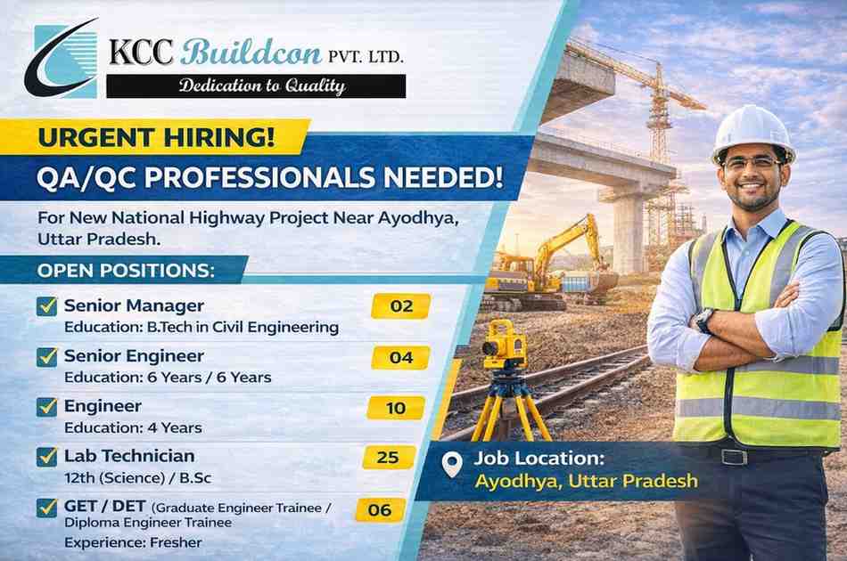 KCC Buildcon Pvt. Ltd Hiring 2026 | For National Highway (NH) Project near Ayodhya, Uttar Pradesh
