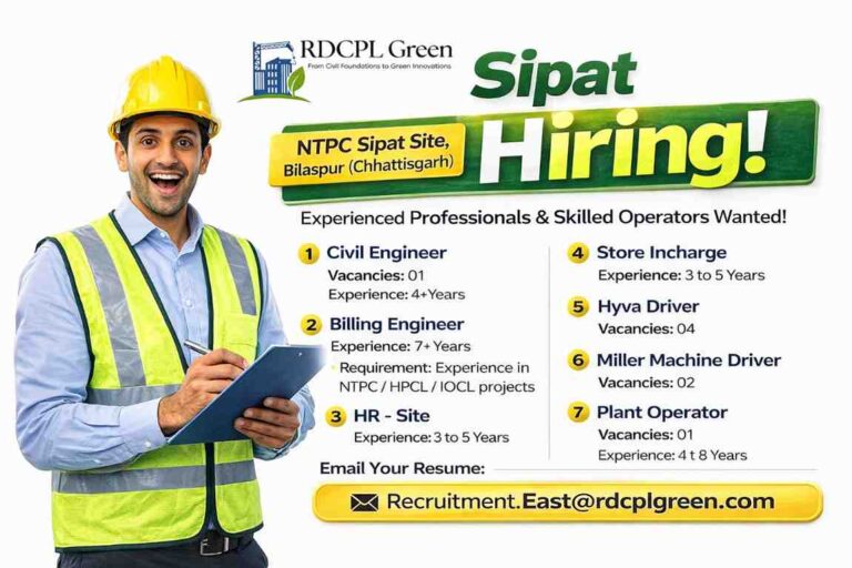 RDCPL Green Pvt Ltd Hiring Civil, Billing Engineer, HR & Operator Jobs NTPC Sipat Bilaspur 2026
