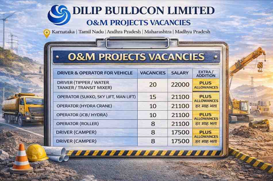 Dilip Buildcon Limited (DBL) Hiring Drivers & Operators | Infrastructure Jobs India 2026