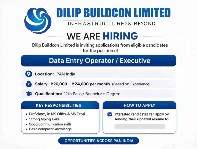 Dilip Buildcon Limited Hiring Data Entry Operator / Executive | PAN India Jobs 2026