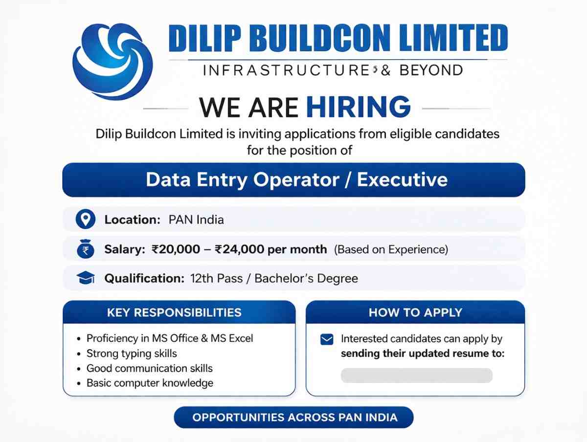 Dilip Buildcon Limited Hiring Data Entry Operator / Executive | PAN India Jobs 2026