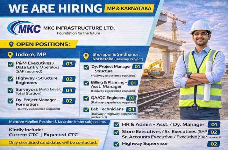 MKC Infrastructure Ltd Hiring 2026 | Location: MP & Karnataka Projects