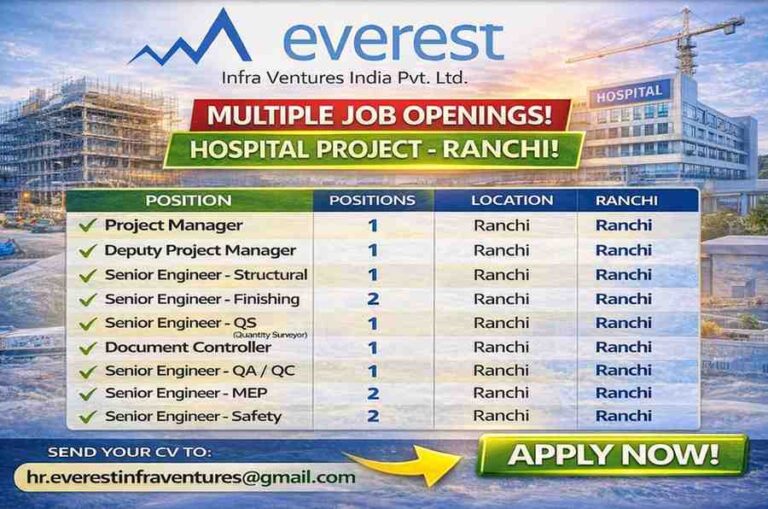 Everest Infra Ventures Recruitment 2026 | Hospital Project Jobs in Ranchi | Engineers, Manager, QA/QC, MEP Hiring