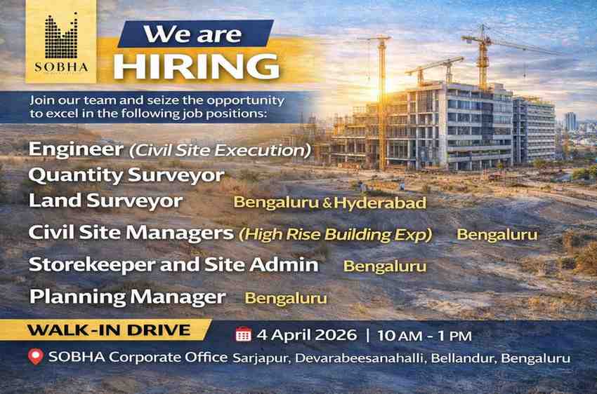 Sobha Construction Walk-in Interview 2026 | Civil Engineer, QS, Site Manager Jobs | Bangalore Hyderabad Vacancy