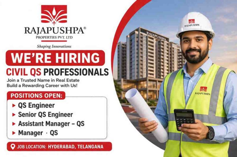 Rajapushpa Properties Hiring 2026 | QS Engineer Jobs Hyderabad | Quantity Surveyor Jobs