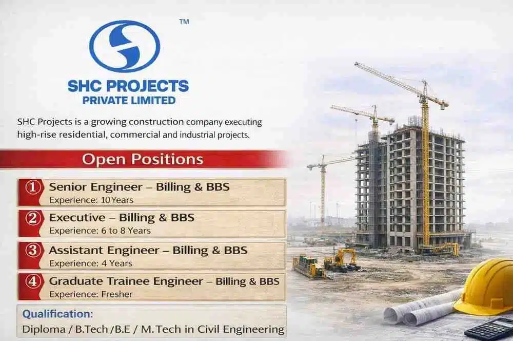 SHC Projects Hiring 2026 | Billing & BBS Jobs Gujarat | Civil Engineer Jobs Ahmedabad