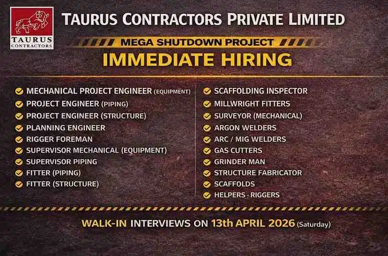 Taurus Contractors Recruitment 2026 | Oil & Gas Shutdown Jobs | Engineers, Fitters, Welders Hiring