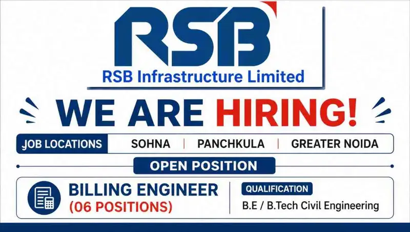 RSB Infrastructure Pvt Ltd Recruitment 2026 | Billing Engineer Jobs in Sohna Panchkula Greater Noida | Civil Engineer Vacancy
