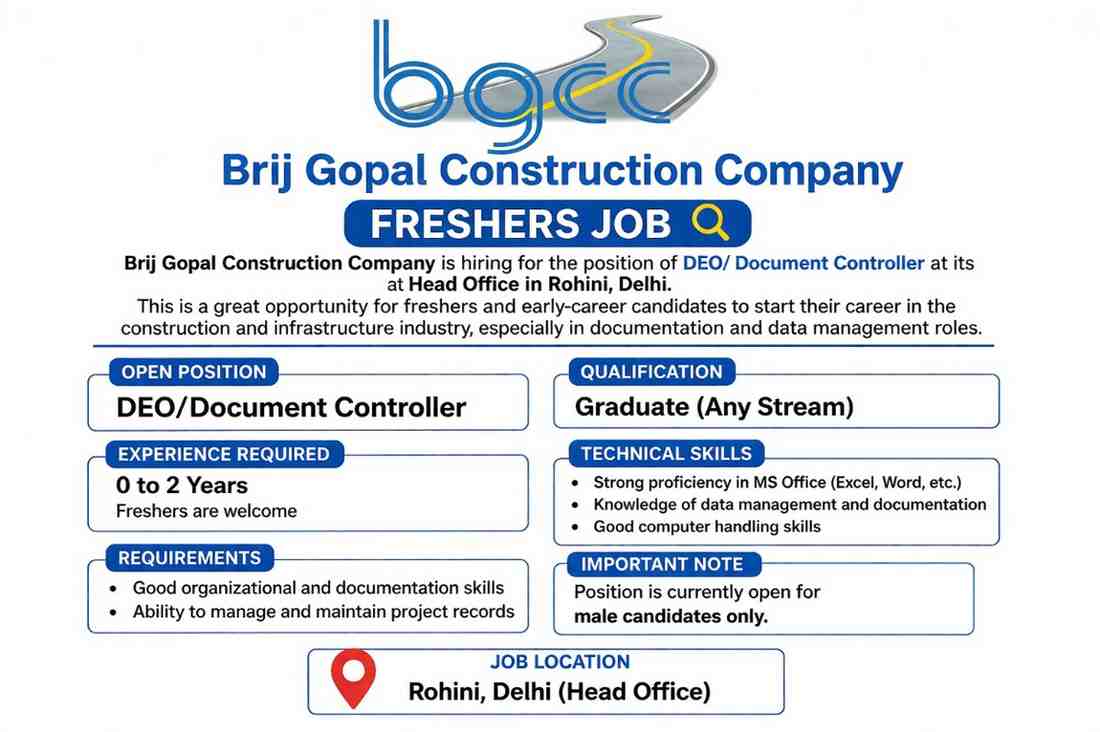 Brij Gopal Construction Recruitment | DEO / Document Controller | Freshers Job