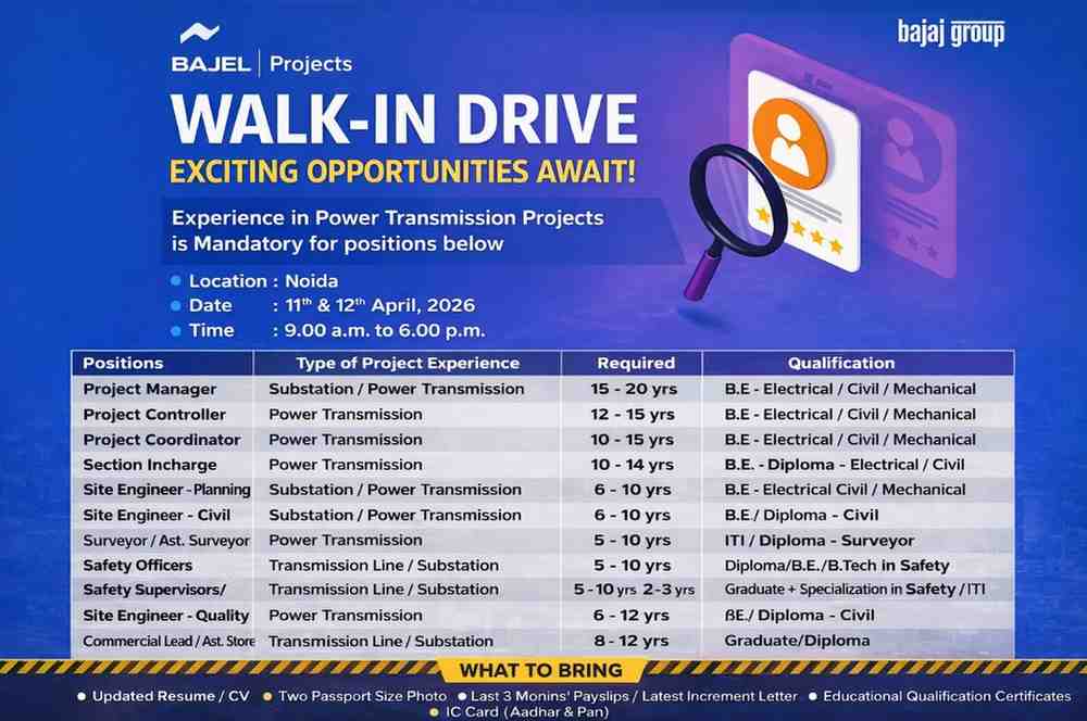 Bajel Projects Ltd Walk-in Drive 2026 | Power Transmission Jobs | Noida Interview 11 & 12 April