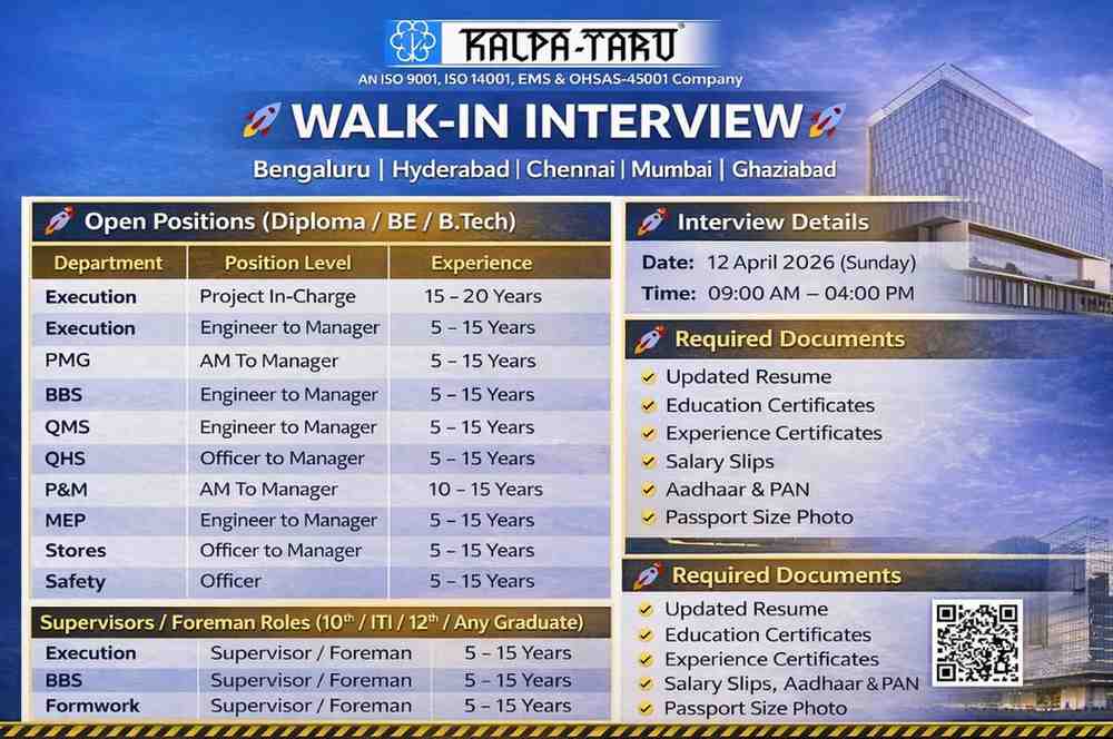 Kalpataru Projects International Ltd Walk-in Drive 2026 | High Rise Building Jobs | Hyderabad Interview 12 April