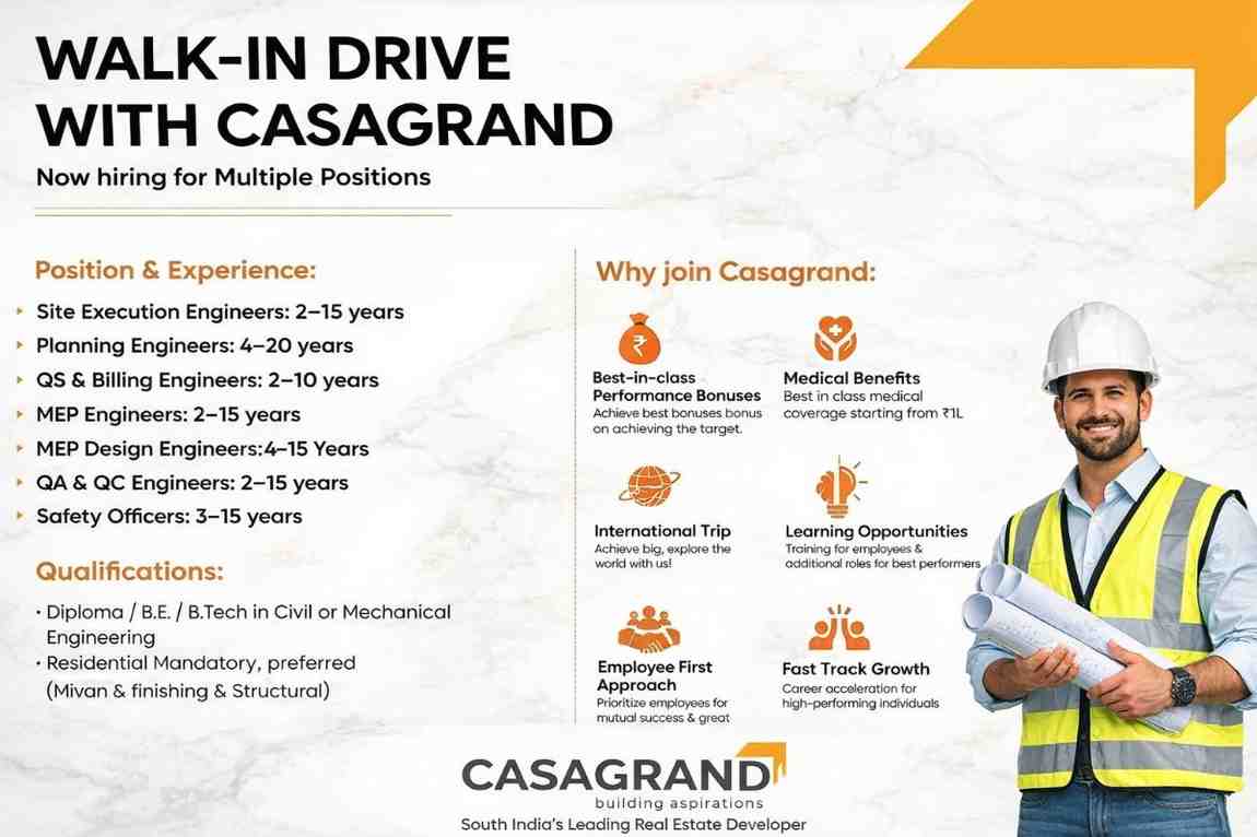 Casagrand Premier Builder Recruitment 2026 | Walk-in Drive Chennai | Civil & MEP Engineer Jobs
