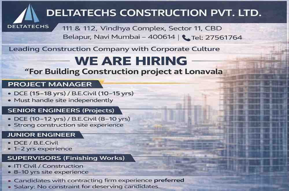Deltatechs Construction Recruitment 2026 | Civil Engineer Jobs in Lonavala | Project Manager & Site Roles