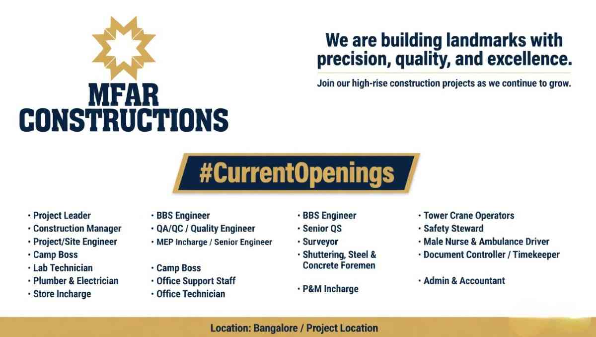 MFAR Constructions Recruitment 2026 | Engineer, Manager, Foreman & MEP Jobs in Bangalore