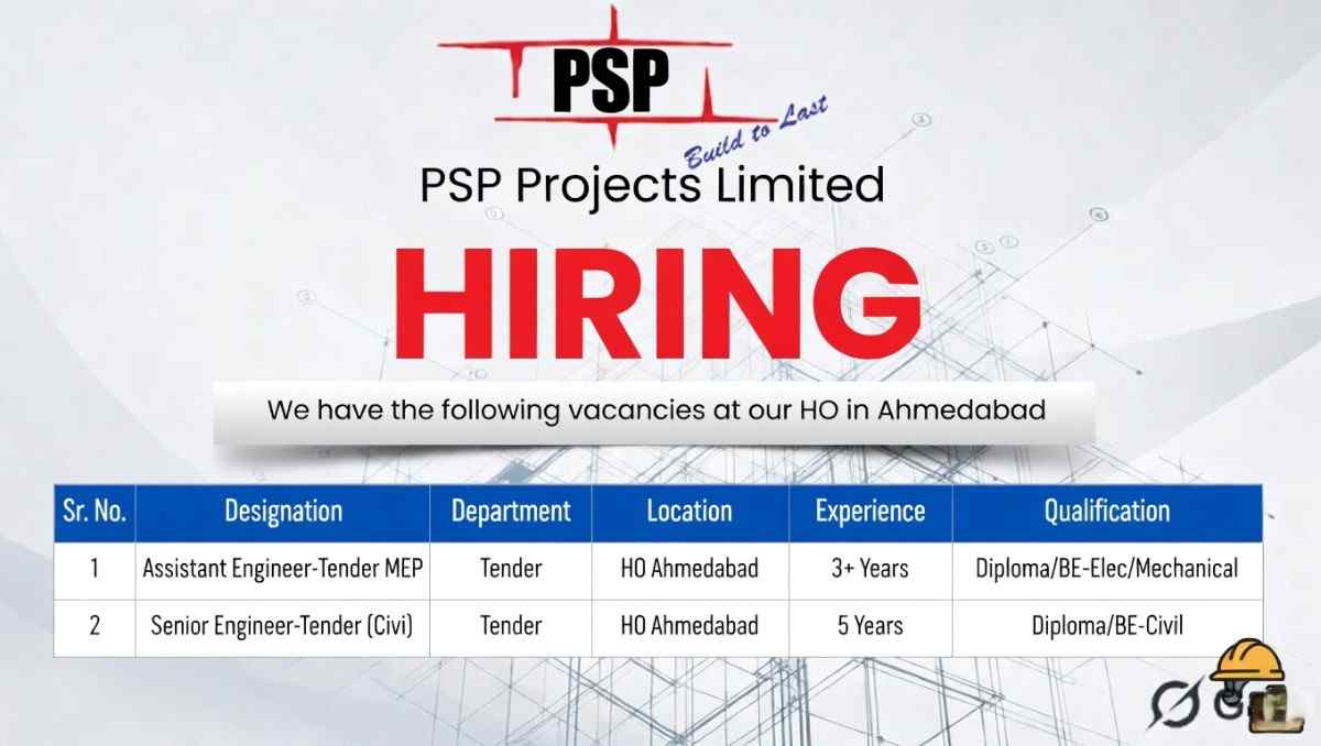 PSP Projects Limited Recruitment 2026 | Tender Engineer (MEP & Civil) Jobs in Ahmedabad