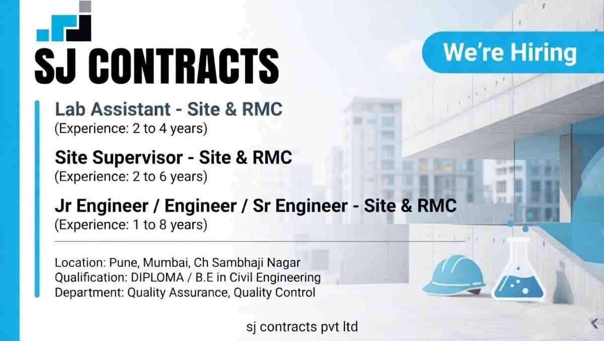 SJ Contracts Pvt Ltd Recruitment 2026 | QA/QC, Engineer & Supervisor Jobs in Pune, Mumbai & Sambhaji Nagar