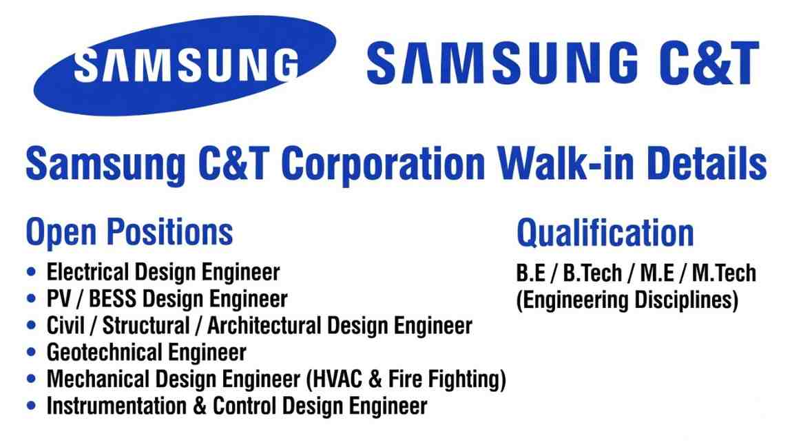 Samsung C&T Recruitment 2026 | Design Engineer Jobs in Power, PV & BESS Projects in Gurugram
