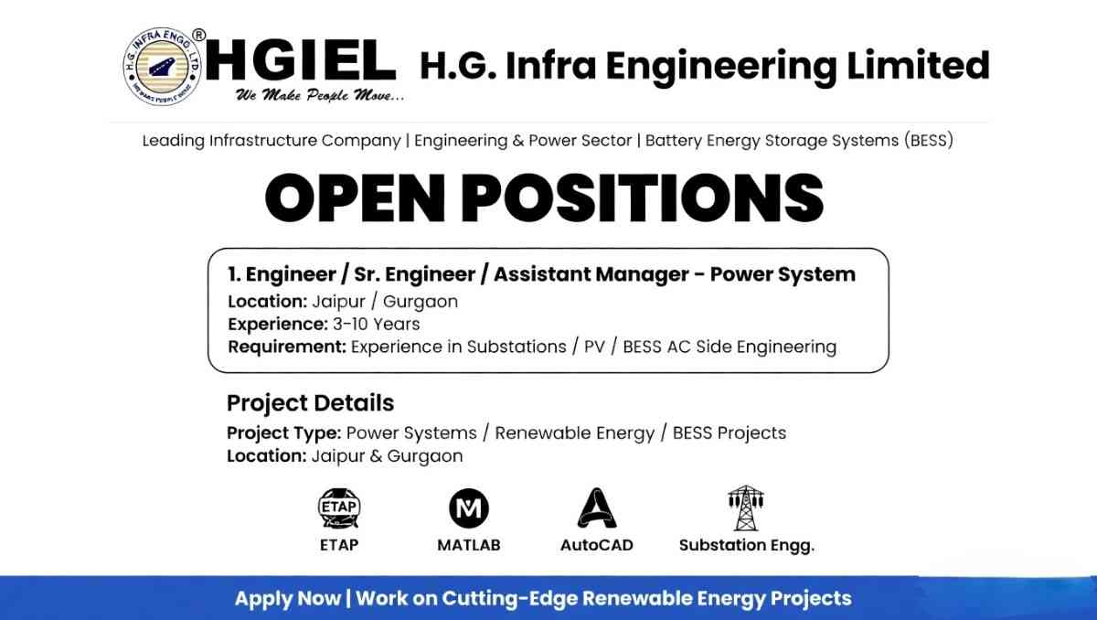 HG Infra Recruitment 2026 | Power System Engineer, BESS & Substation Jobs in Jaipur & Gurgaon