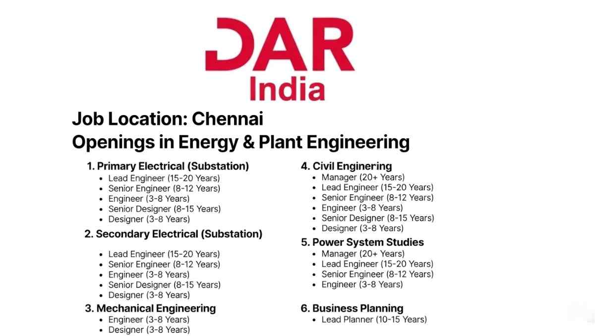 DAR India Hiring 2026 | Engineering Jobs in Chennai | Electrical, Civil, Mechanical Vacancies