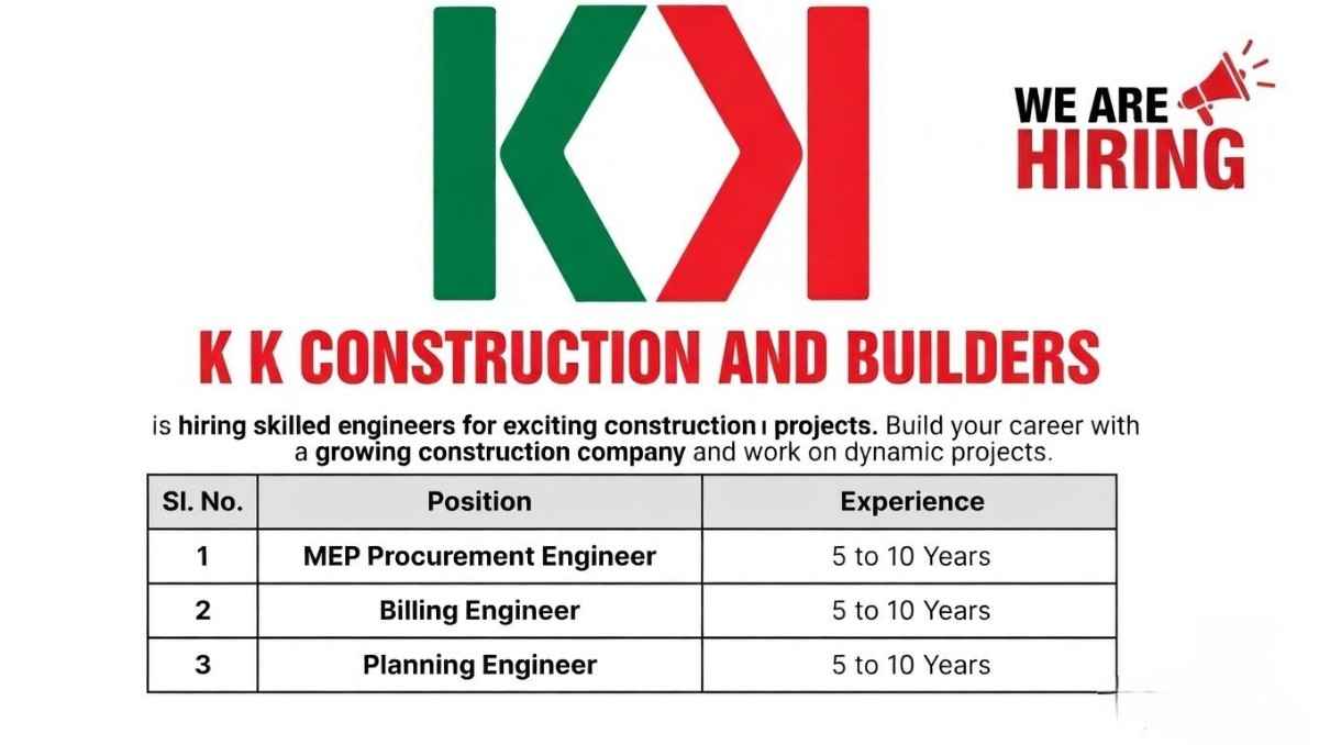 K.K. Construction and Builders Hiring 2026 | MEP, Billing, Planning Engineer Jobs