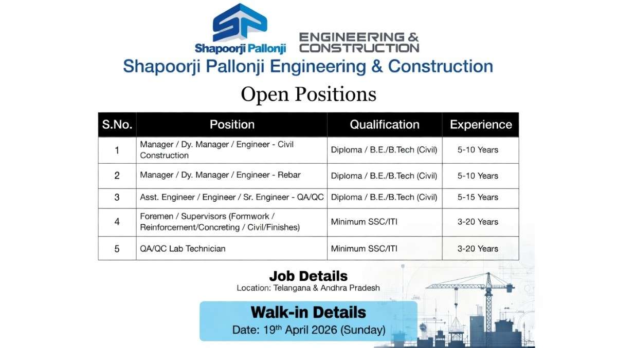 Shapoorji Pallonji Hiring 2026 | Walk-in Interview Hyderabad | Civil, QA/QC, Supervisor Jobs
