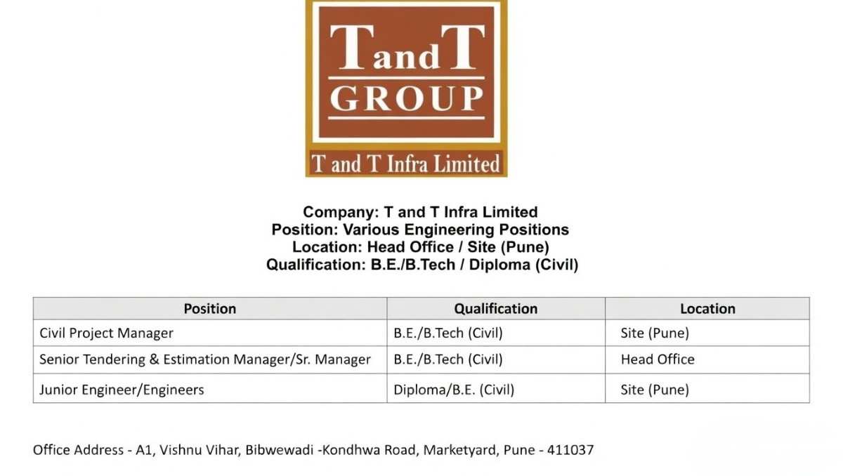 T&T Infra Ltd Jobs 2026 Pune | Project Manager, Tendering Manager, Civil Engineer Hiring