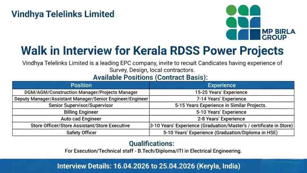 Vindhya Telelinks Limited Jobs 2026 | Electrical RDSS Projects Kerala | Manager, Engineer, Supervisor Hiring