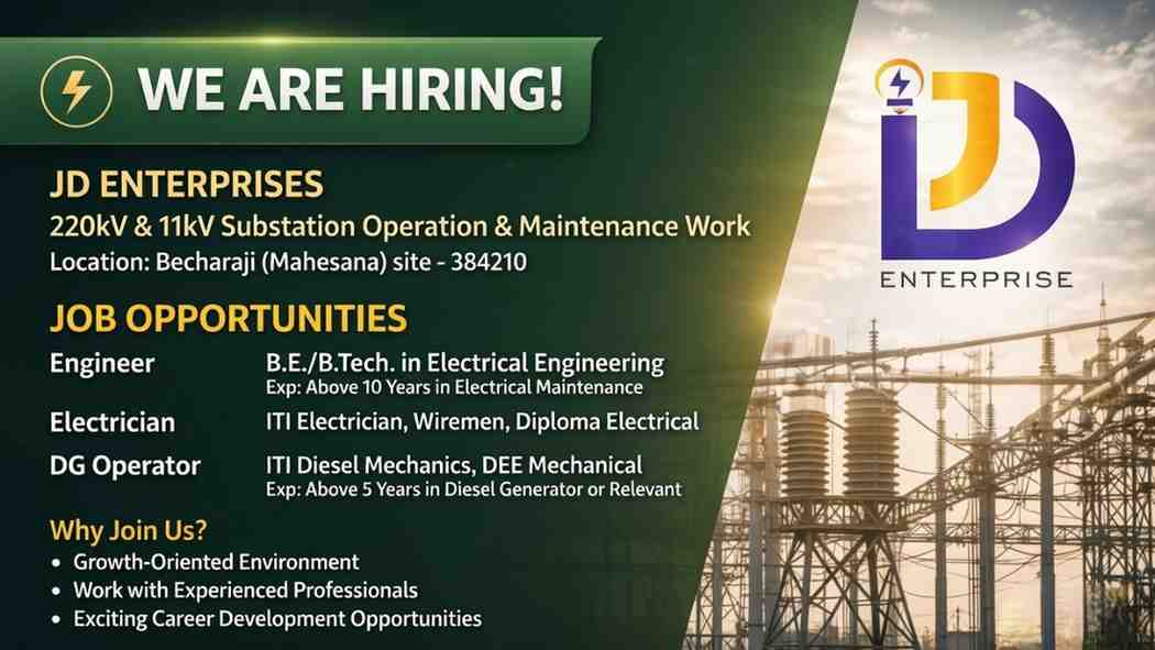 JD Enterprises Jobs 2026 | Electrical Engineer, Electrician, DG Operator Hiring | Substation O&M Gujarat