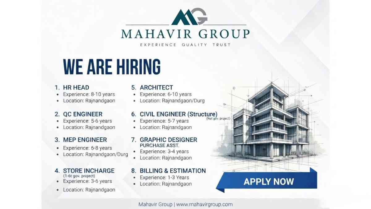 Mahavir Group Jobs 2026 | HR Head, Architect, Civil, MEP, QC Engineer & More | Rajnandgaon Hiring
