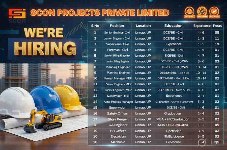 Scon Projects Jobs 2026 Unnao UP | Civil, MEP, Safety, QA, HR, Engineer Hiring