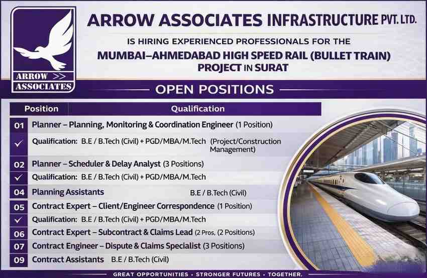 Arrow Associates Infrastructure Jobs 2026 Surat | Bullet Train Project Hiring Planner, Contract Engineer