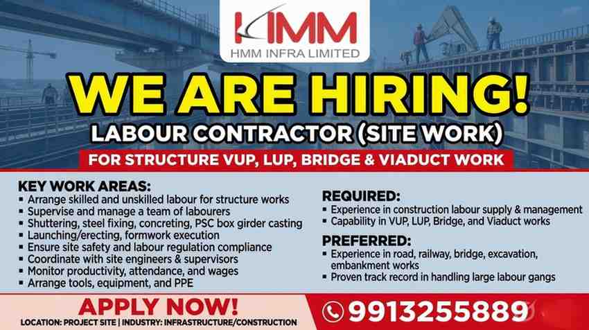 HMM Infra Limited Jobs 2026 | Labour Contractor Hiring for Bridge, VUP, LUP & Viaduct Projects