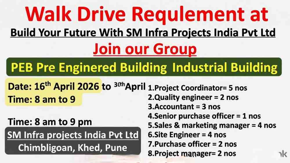 SM Infra Projects Jobs 2026 Pune | Walk-in Drive PEB Projects | Engineer, Accountant, Manager Hiring