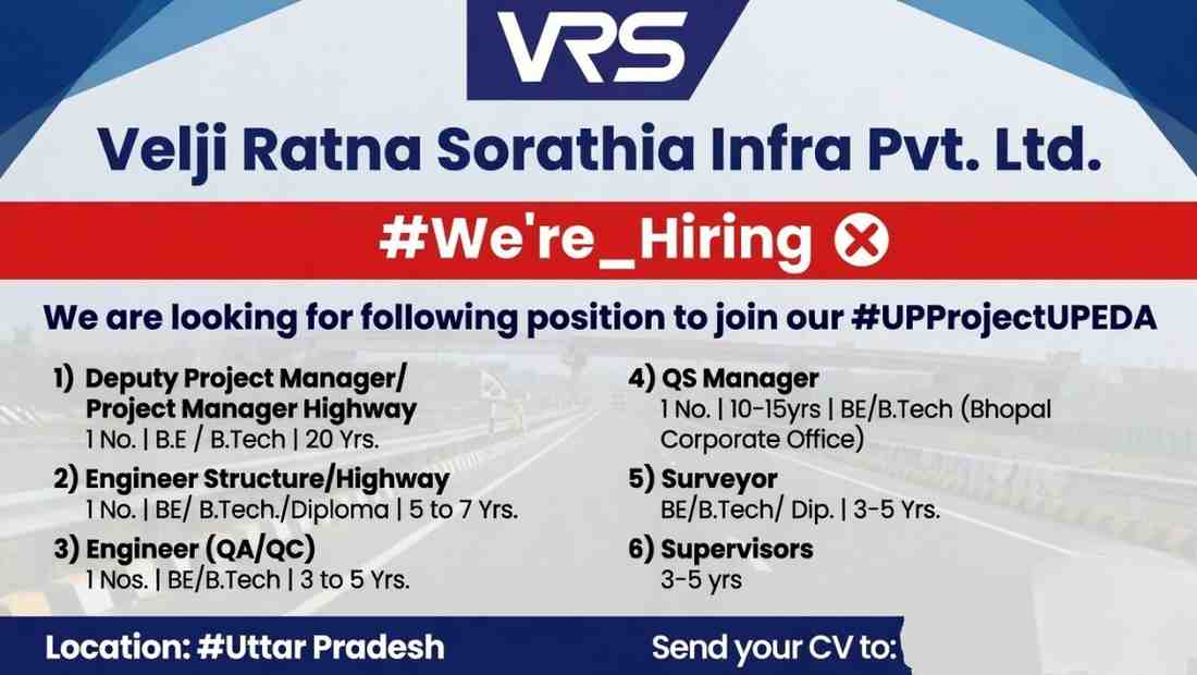 Velji Ratna Sorathia Infra Jobs 2026 UP | Project Manager, QA QC Engineer, Surveyor Hiring Highway Projects