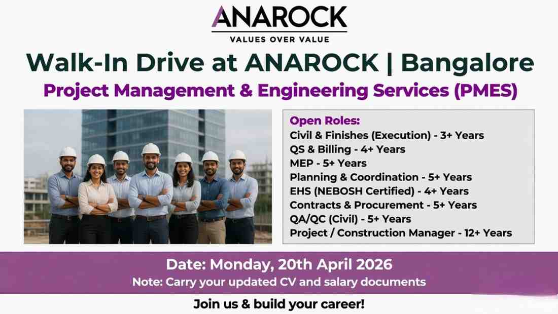 ANAROCK Walk-in Drive 2026 Bangalore | Civil, MEP, QS, Planning, QA QC Hiring PMES Roles