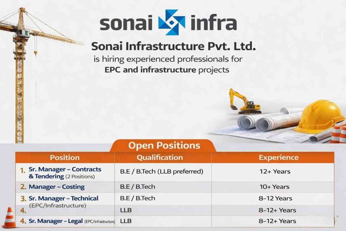 Sonai Infrastructure Pvt Ltd Recruitment 2026 | Contracts, Costing, Technical & Legal Manager Jobs Pune