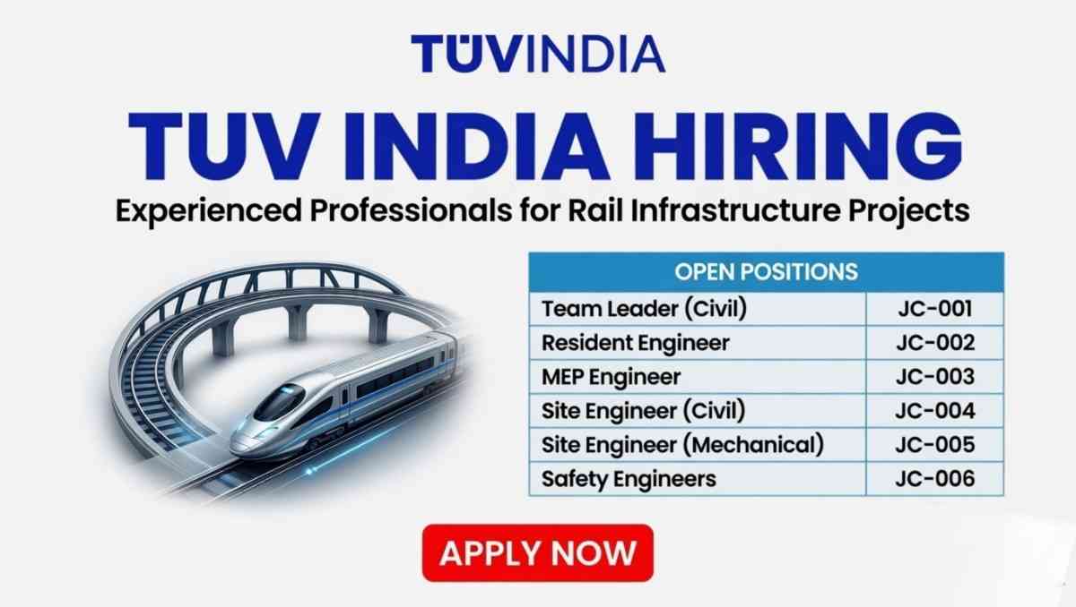 TUV India Recruitment 2026 | Team Leader, Resident Engineer, MEP & Site Engineer Jobs Rail Projects
